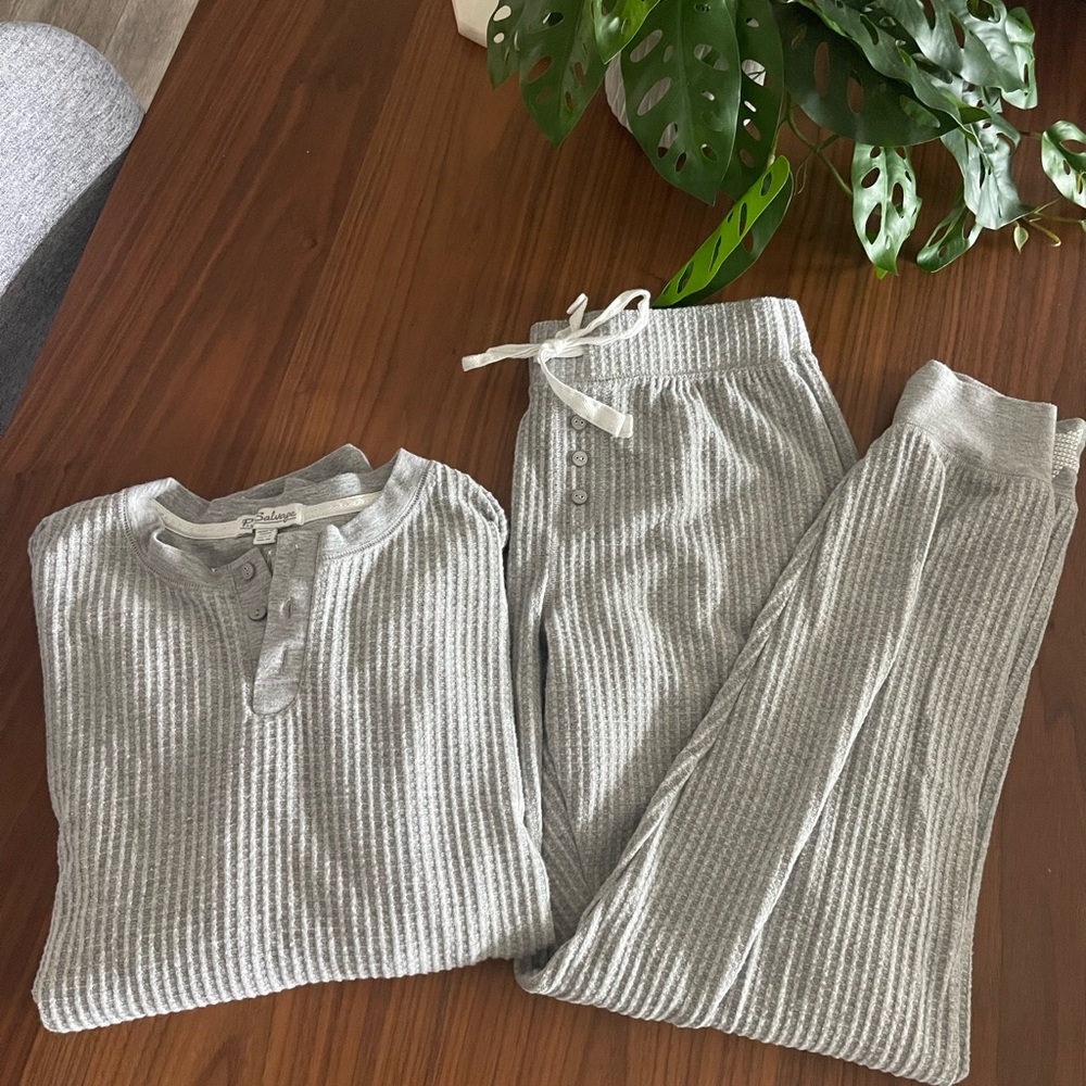 Gray Ribbed Henley Pajama Set